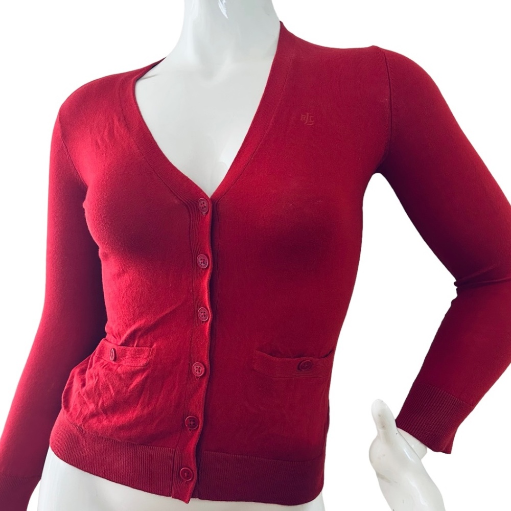 Lauren Ralph Lauren red cardigan sweater.  size P/S petite pockets in front